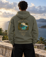 Midnight Current Hoodie — Fatigue Green, back view; generated editorial visualization