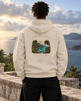 Midnight Current Hoodie — Sand, back view; generated editorial visualization